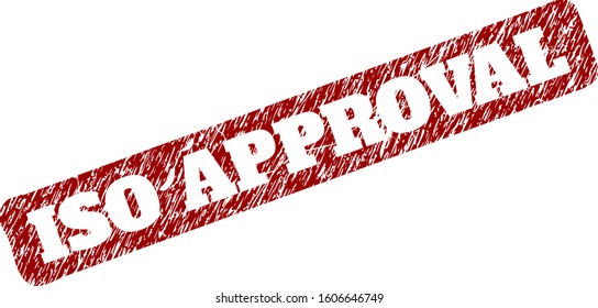 Flat vector ISO APPROVAL watermark with grunged texture. Rounded rough rectangle watermark. Red textured watermark with ISO APPROVAL text inside rounded rough rectangle.