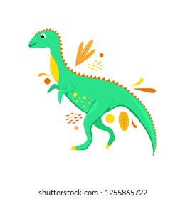 Flat vector isolated cartoon dinosaur with abstract leaves.