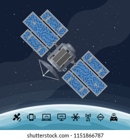 Flat vector isolated illustration of artificial satellite on a space and earth background with icon set.