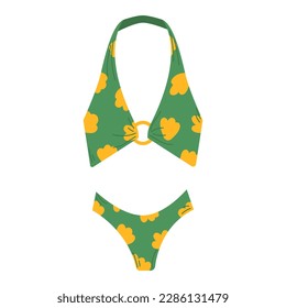 Vector plano ilustrativo de la caricatura de moda femenina en la playa. Dos piezas de traje de baño verde o lencería de ropa interior de baño con flores amarillas y corbatas de cuello.