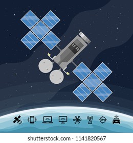 Flat vector isolated illustration of communication satellite on a space background. Wireless global net terchnology of telecom with icon set.