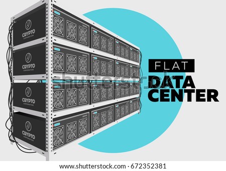 Flat Vector Isolated Illustration of Data Center in Perspective. Grey Computer Rack. Bitcoin Mining Farm, Exchange Service. Web Hosting Provider. Data Storage. Network Internet Database.