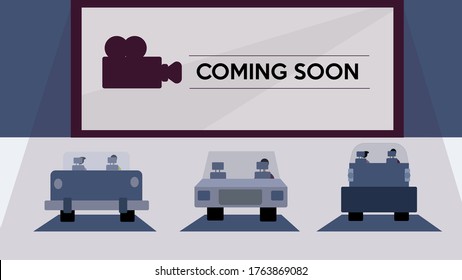 Flat vector isolated illustration design of drive in open air movie theater, it's the new reforming after covid-19 perioud svg