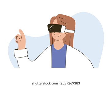Flat vector isolated illustration of a female doctor wearing VR glasses, interacting confidently in a virtual environment. Medical technology, innovation, and healthcare, woman doctor