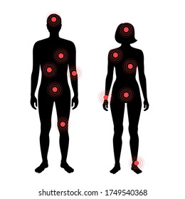 Flache Vektorgrafik, einzelne Illustration von Schmerzen und Entzündungen in nackten Frauen und männlichen Körpern. Schwarze Silhouette auf weißem Hintergrund mit roten Punkten. Medizinisches Informationsplakat für Klinik und Krankenhaus