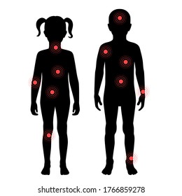 Flache Vektorgrafik einzeln auf Schmerzen und Entzündungen bei nacktem Jungen und Mädchen. Schwarze Silhouette auf weißem Hintergrund mit roten Punkten. Medizinisches Informationsplakat für Klinik und Krankenhaus