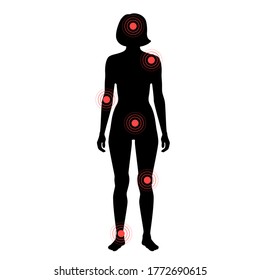 Flat vector isolated illustration of pain and inflammation in woman body. Black silhouette on white background with red points. Medical information poster for clinic and hospital