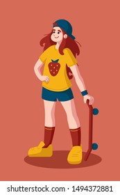 Flat vector isolated illustration. Skater girl