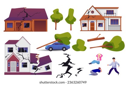 Flat vector isolated illustrations set of consequences of natural disaster, earthquake. Abandoned buildings, cracked house, unhappy people, broken trees and car on background.