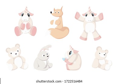 Flat vector isolated set of funny cartoon animal toys. Bear, fox, rabbit and unicorn characters. Decorative toys elements for girl room design - Shutterstock ID 1722516484