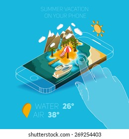 Flat vector Isometric composition on screen phone. Summer vacation on the island. Paradise with palm trees, a waterfall and a yacht. Pictured 3d isometric concept.