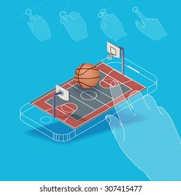 Flat vector Isometric composition on screen phone. Basketball court for a game with gestures, finger movements. Pictured 3d isometric concept.