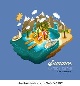 Flat vector Isometric composition. Summer vacation on the island. Paradise with palm trees, a waterfall and a yacht. Pictured 3d isometric concept.