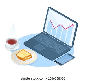 Flat vector isometric illustration of business breakfast. A desktop with laptop, mobile phone, plate with toasts with butter, cup of tea. The office snack, the eating at a home workplace concept.