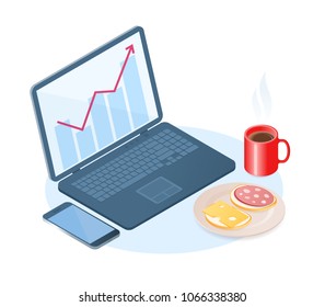 Flat vector isometric illustration of office breakfast. A desktop with laptop, cell phone, dish with sausage, cheese sandwiches, cup of coffee. The business snack, eating at a home workplace concept.