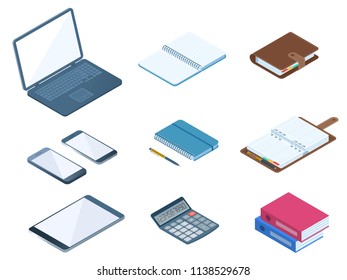 Flat vector isometric illustration of office desktop workplace supply set. Vector stationeries: business and school organizer, copybook, document folders, calculator, laptop, smartphone, taplet pc.