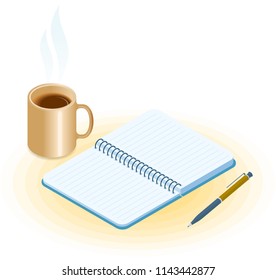 Flat vector isometric illustration of opened notebook, pen, mug of coffee. Office and business breakfast workplace concept: paper notepad and hot cup. School and education workspace supplies.