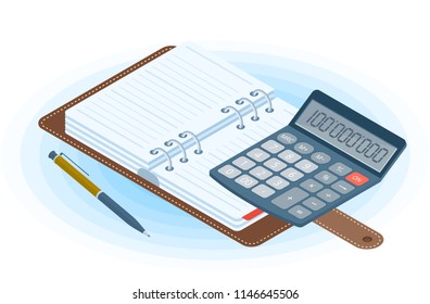 Flat vector isometric illustration of opened agenda, pen, electronic calculator. Office and business workplace concept: paper planner and accounting calculator. School, education workspace supplies.