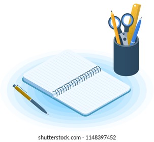Flat vector isometric illustration of opened copybook, pen, desktop organizer. Office and business workplace concept: paper notepad and stationery. School and education workspace paperwork supplies.