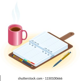 Flat vector isometric illustration of opened planner, pen, mug of coffee. Office and business breakfast workplace concept: paper agenda and hot cup. School and education workspace supplies.