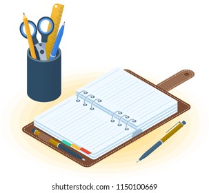 Flat vector isometric illustration of opened planner, pen, desktop organizer. Office and business workplace concept: paper notepad and stationery. School and education workspace paperwork supplies.