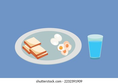 Flat vector isometric illustration of plate with slice of bread and egg, Full glas vector.