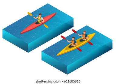 Flat vector isometric Kayaks. Couple kanoeing in the river. People kayaking in the river.