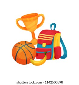 Flat vector items related to school and education theme. Golden cup, basketball ball, colorful backpack and banana