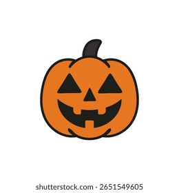 Flat vector of jack-o'-lantern pumpkin icon with carved smiley face, ideal for Halloween decorations, spooky party design, seasonal stickers, and cute horror themes