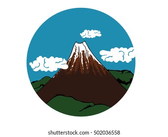 Flat vector japanese mountain icon. Mountains, clouds and sky.