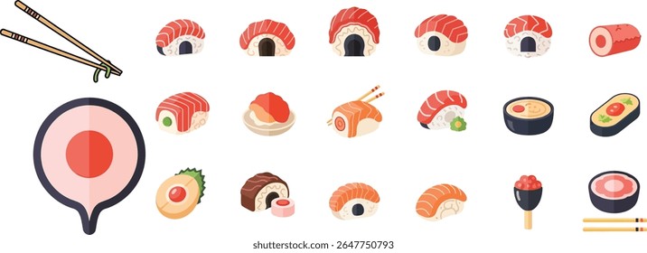 Conjunto de Sushi japonês vetor plano com pauzinhos