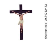 Flat vector of Jesus crucified on the cross, symbolizing sacrifice, redemption, and Christian faith. Minimalist style with spiritual and religious meaning