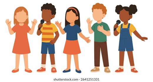 Flat vector joyful group children from diverse ethnic singing happily together with friends, wearing colorful outfits, celebrating unity and fun through music and friendship. Kids performing song.
