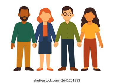 Flat vector joyful group of men and women holding hands, smiling and united in celebration, expressing happiness, energy, trust, care, friendship, and togetherness in a vibrant sprit, positive moment