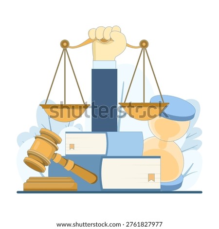 Flat vector of judge's hammer with justice scales, representing law, legal system, courtroom, fairness, judicial decisions, law enforcement, legal proceedings, and justice illustration.