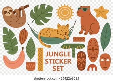 Flat vector jungle sticker set with cute tropical animals, leaves, masks, tribal elements. Perfect for kids, jungle party decor, printables, educational projects, t-shirts.
Transparent background