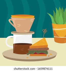 Flat vector kalita with sandwich on the table. Alternative methods of brewing coffee. Coffee culture.
