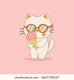 Flat vector kawaii cat with sunglasses and enjoying ice cream, summer illustration, print