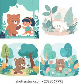 A flat vector kids' Illustration of a baby bear playing in the big leaf forest 