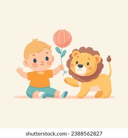un vector plano niños Ilustración de un bebé lindo jugando con un león bebé