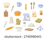 Flat vector kitchen and cooking tools collection including mixer, pot, knife, cutting board, utensils and baking accessories.