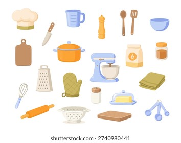 Flat vector kitchen and cooking tools collection including mixer, pot, knife, cutting board, utensils and baking accessories.