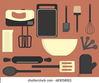 Flat vector kitchen equipment bakery set. Cute colored cooking tools including mixer, measuring cup, spatula, brush, wire whisk