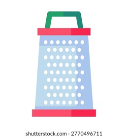 Flat vector kitchen grater with handle. Metal shredding tool isolated on light background for cooking, food preparation and домашняя кухня illustration.