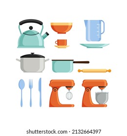 Flat vector kitchen utensil set isolated on white background