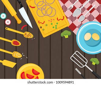 Flat vector kitchenware utensils and food on wooden worktop