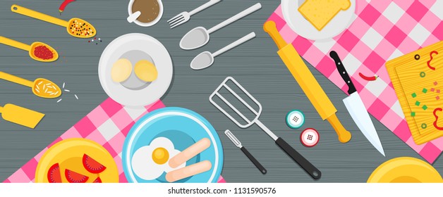 Flat vector kitchenware utensils and food on wooden worktop