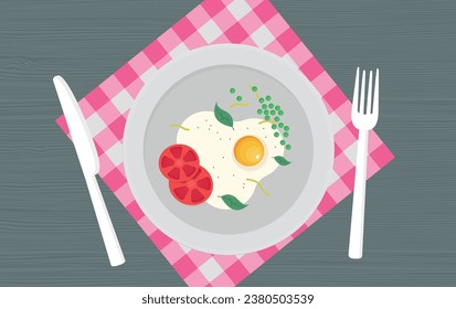 Flat vector kitchenware utensils and food on wooden worktop