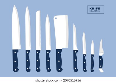 Flat vector knife collection with white and blue color.  Chef knife, butcher knife, kitchen utensil. Meat cutting dagger, meat chopper, bread poniard, fish dagger, gourmet poniard, kitchen dagger set.