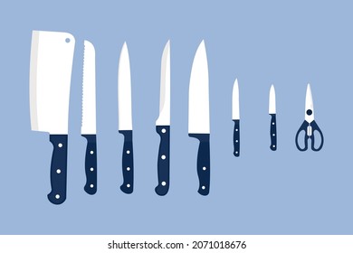 Flat vector knife collection with white and blue color. Chef knife, kitchen scissor, kitchen utensil. Meat cutting dagger, meat chopper, bread poniard, fish dagger, gourmet scissors, kitchen daggers.